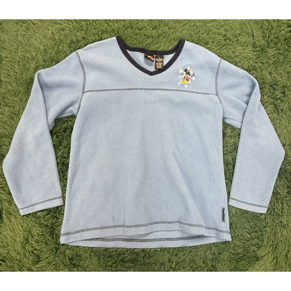 Vintage 90s Mickey Unlimited Fleece V-Neck Pullover Top Women's Large Light Blue